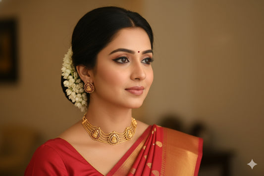 Gold tone AD pink lakshmi choker necklace set dj-51847