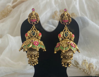 Antique gold tone meenakari gaja lakshmi step jhumkka dj-55099