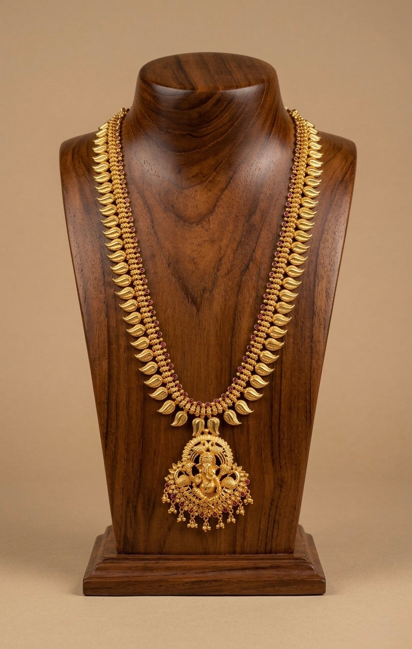 Gold tone pink stone mango ganesha haar dj-53158