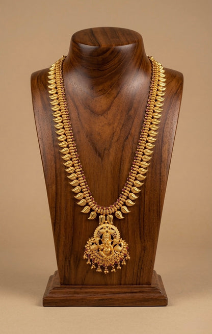 Gold tone pink stone mango ganesha haar dj-53158