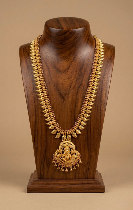 Gold tone pink stone mango ganesha haar dj-53158