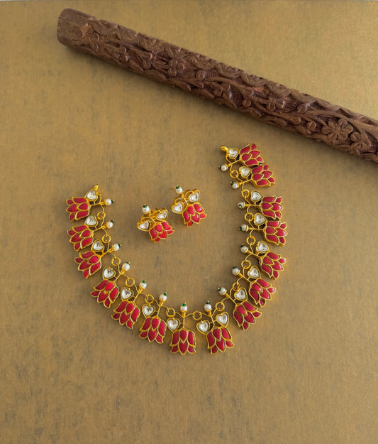 Gold tone coral-white kundan jadau lotus necklace set dj-51543