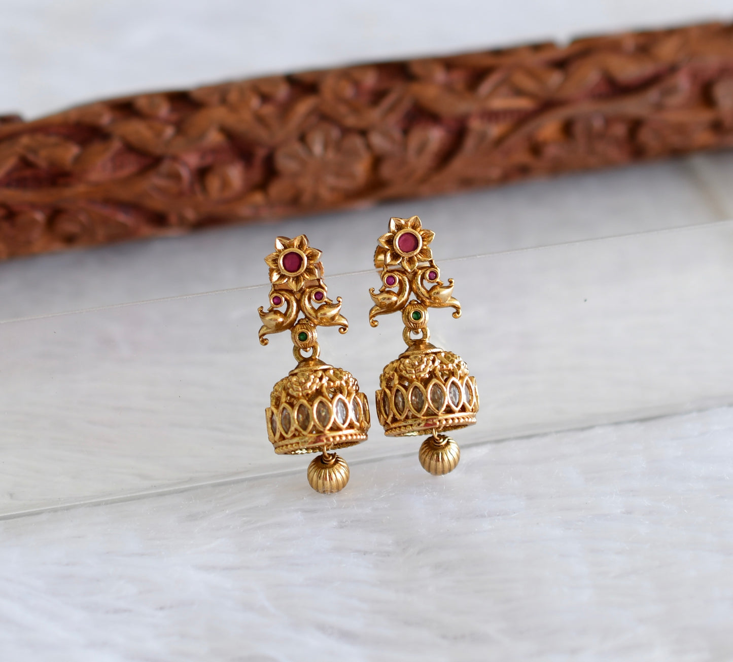 Antique gold tone kemp-green peacock jhumkka dj-51931