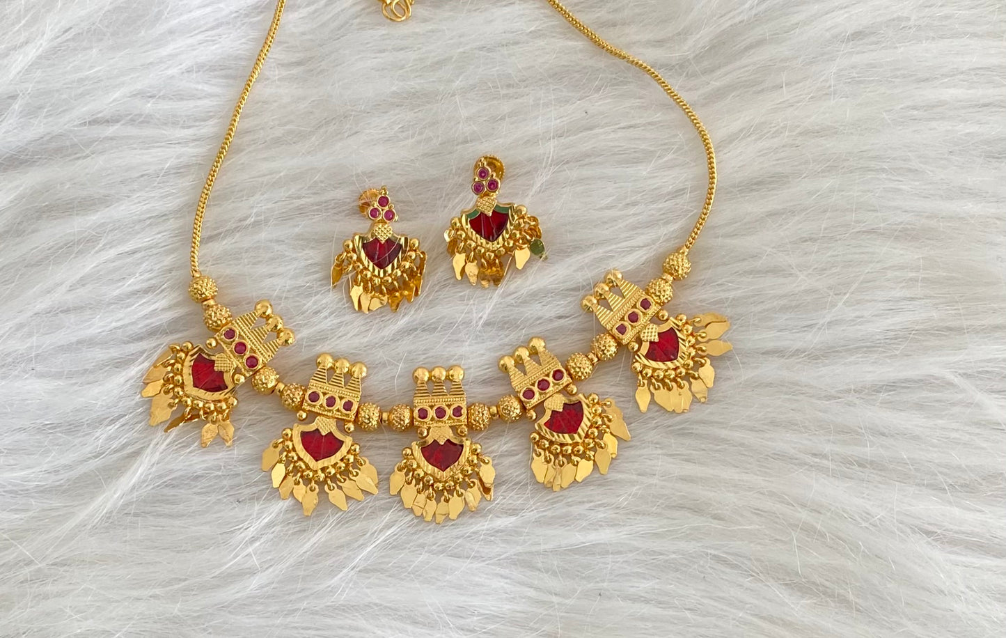 Gold tone kerala style pink-red palakka elakka necklace set dj-54552