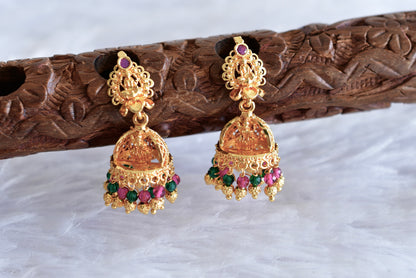 Gold tone kerala style pink-green lakshmi jhumkka dj-51807