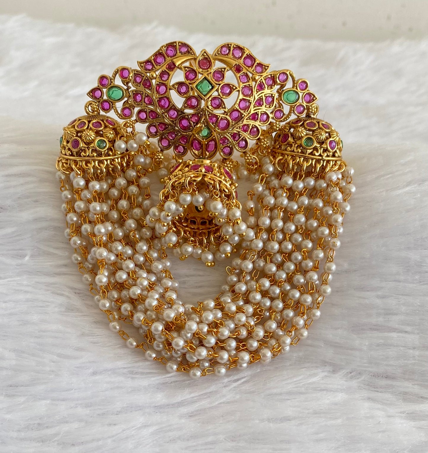Antique gold tone kemp-green pearl hair jewel dj-53640