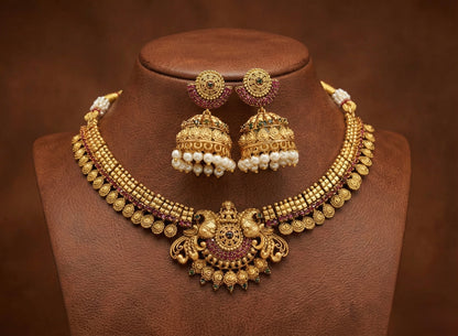 Matte finish ruby-emerald Lakshmi-peacock necklace set dj-52609