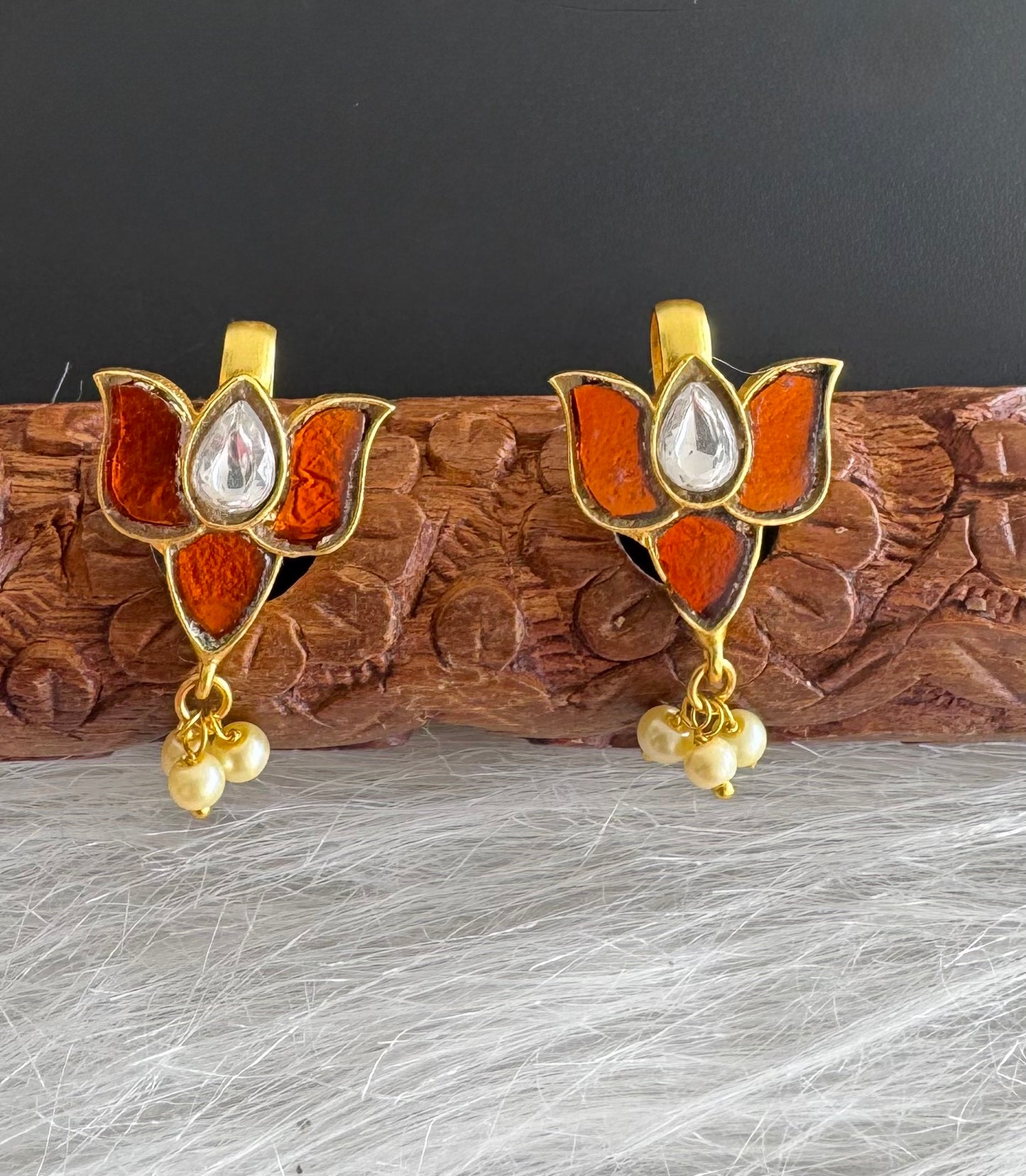 Gold tone brown kundan jadau lotus bugadi earrings dj-51157