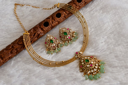 Antique gold tone pink-green kundan jadau kante necklace set dj-52422