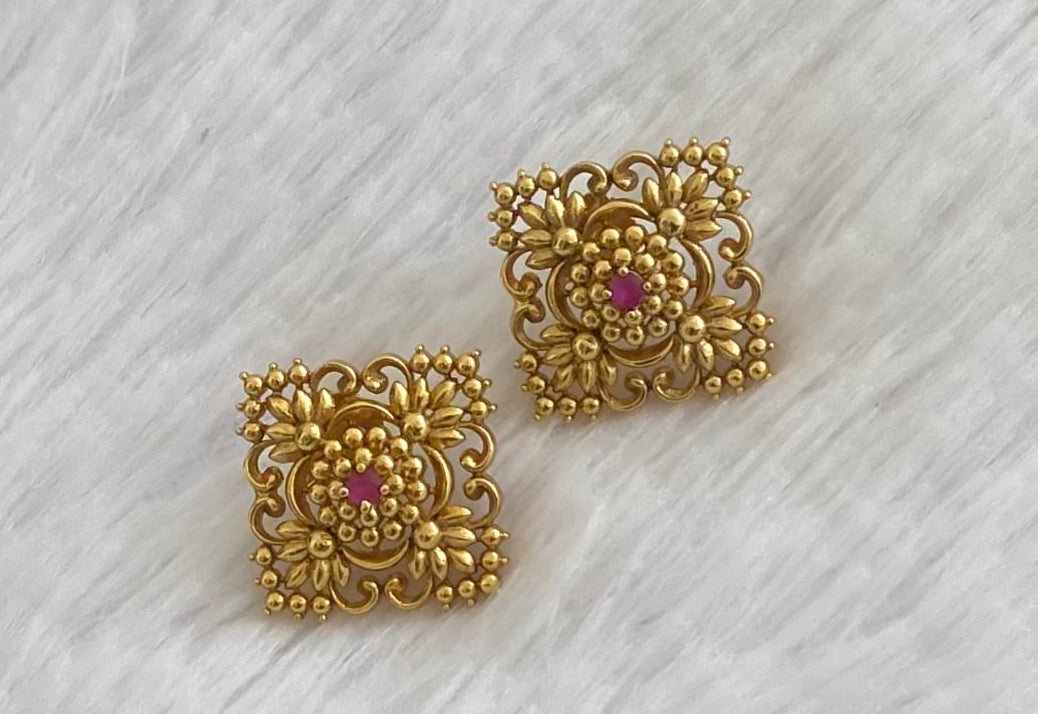 Antique tone pink stone flower stud/earrings dj-53563