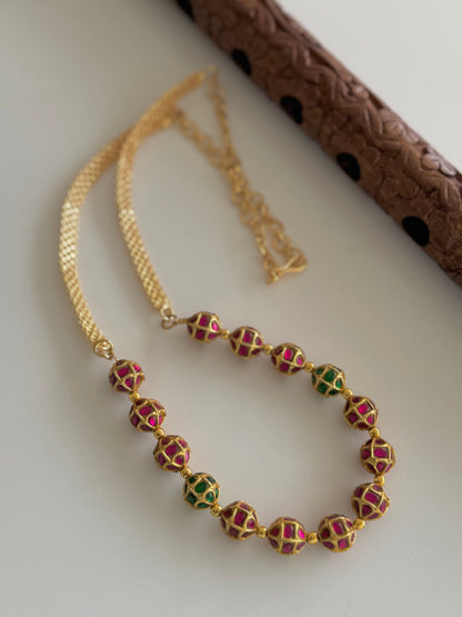 Matte finish pink-green stone jadau beaded chain dj-51512