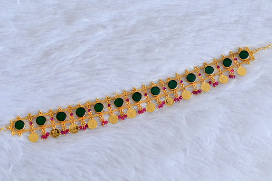 Gold tone kerala style pink-green round laksmi coin choker necklace dj-53088