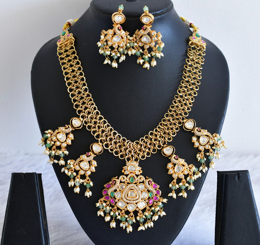 Antique gold tone ruby-green Kundan peacock necklace set dj-53031