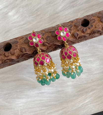 Antique gold tone pink-white stone kundan jadau green beaded pearl jhumkka  dj-54584