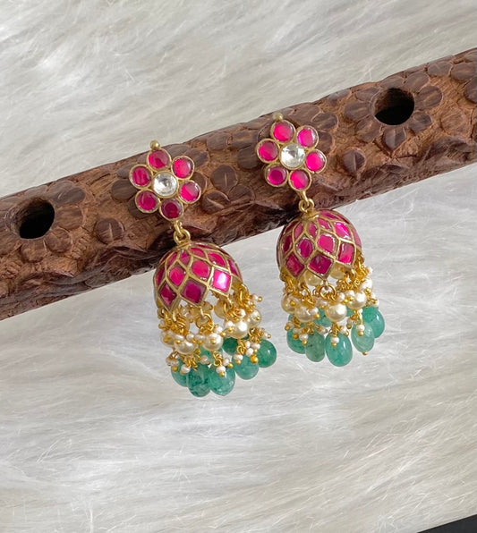 Antique gold tone pink-white stone kundan jadau green beaded pearl jhumkka  dj-54584