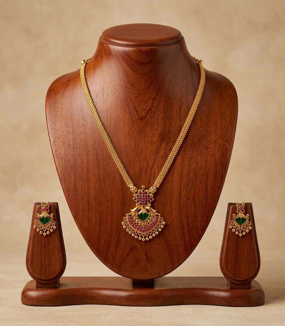 Gold tone pink-green palakka Kerala style necklace set dj-38098