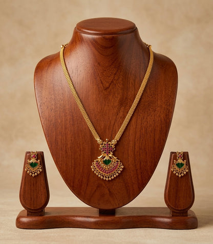 Gold tone pink-green palakka Kerala style necklace set dj-38098