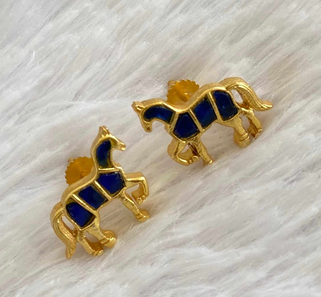 Gold tone blue kundan jadau horse earrings dj-53542