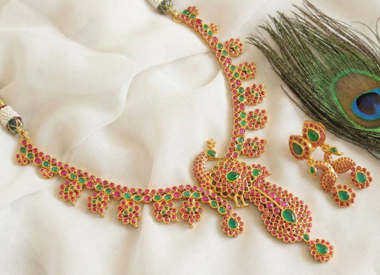 Gold tone ruby-green peacock necklace set DJ29657