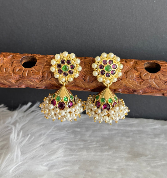 Gold tone precious kemp-green pearl jhumkka dj-51478