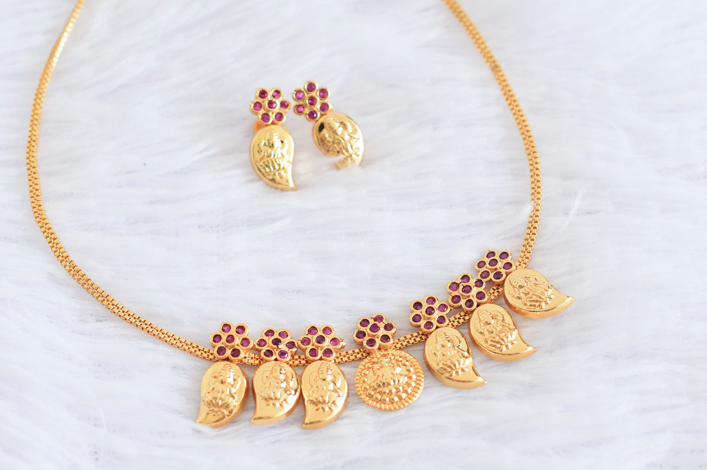 Gold tone pink stone mango lakshmi coin necklace set dj-53045