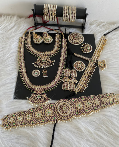 Gold tone precious kemp-green-white pearl peacock bridal set dj-53965