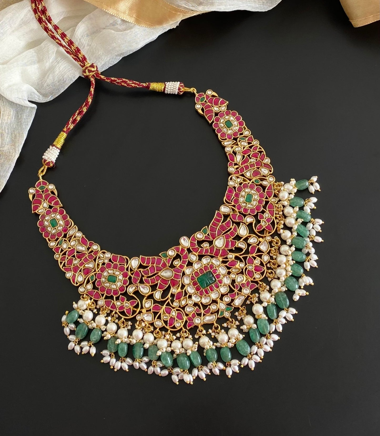 Antique gold tone peacock beads kundan jadau choker necklace dj-54166