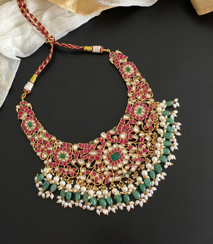 Antique gold tone peacock beads kundan jadau choker necklace dj-54166