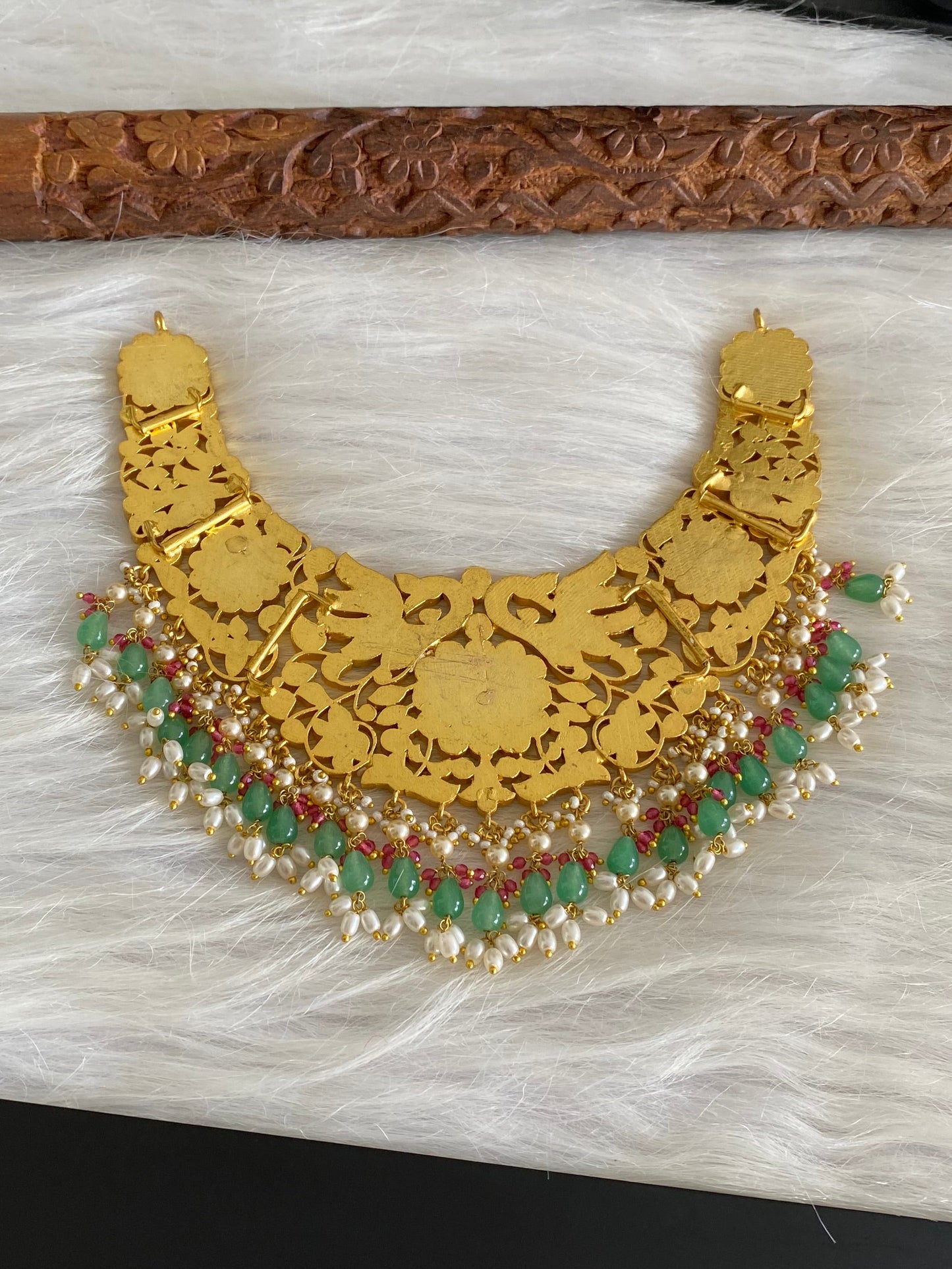 Antique gold tone peacock beads kundan jadau choker necklace dj-54166