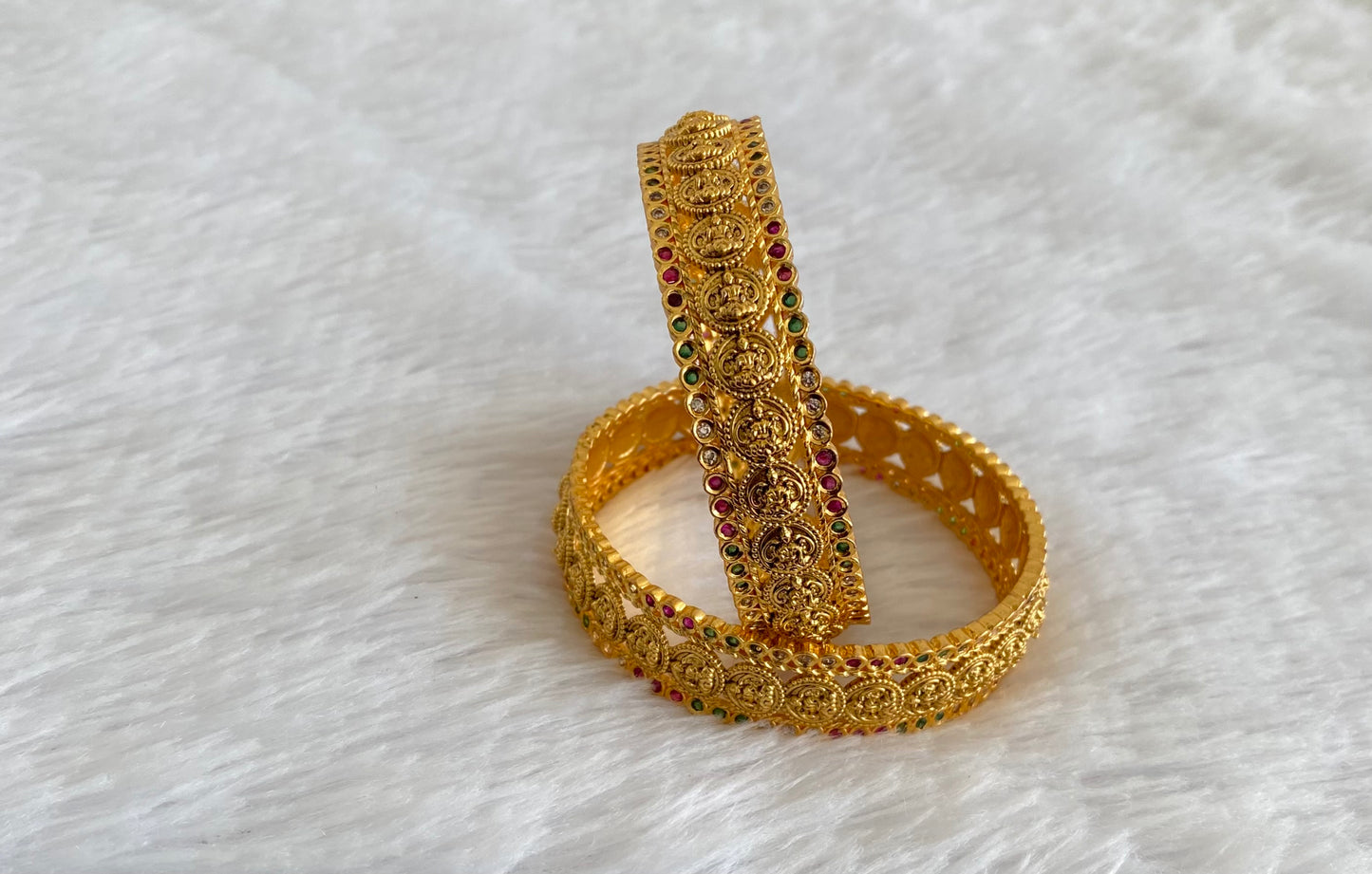 Antique gold tone ruby-green-white lakshmi coin bangles(2.4) dj-53409