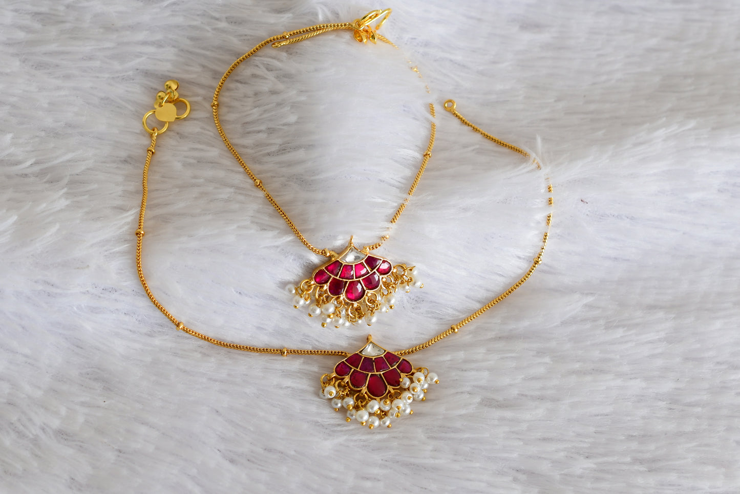 Gold tone pink-white butterfly kundan jadau anklets dj-52390