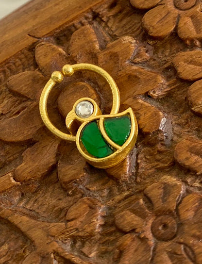 Gold tone kundan jadau green-white stone swan nose pin/bulakku dj-53737