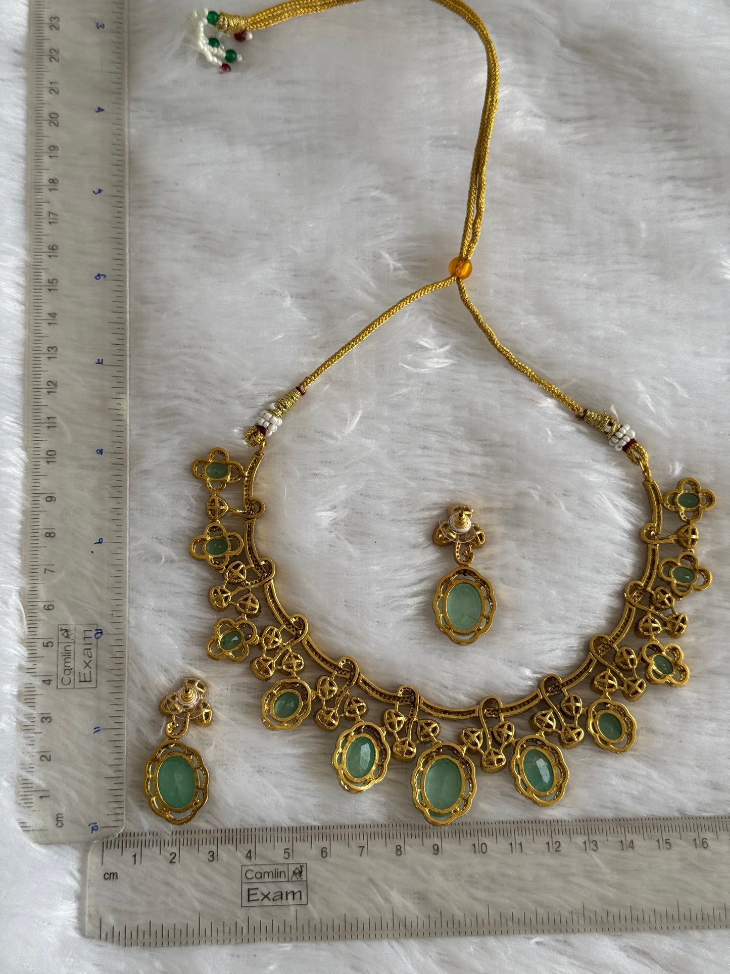 Antique gold tone cz sea green moissanite necklace set dj-51069