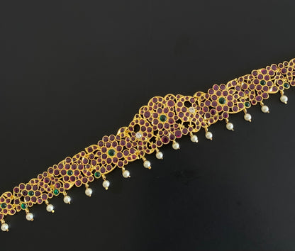 Gold tone precious kemp-green-white pearl peacock waist band dj-54737