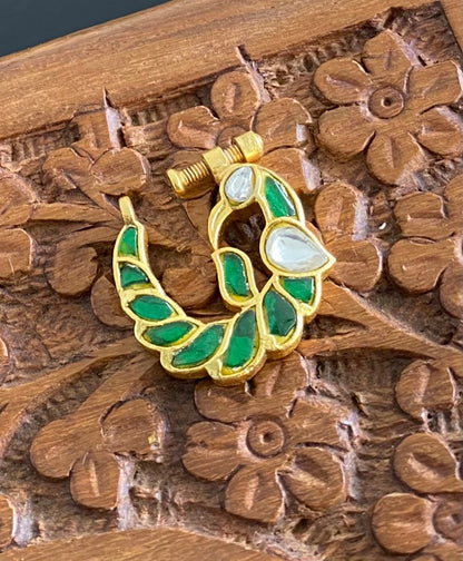 Gold tone kundan jadau white-green peacock nose pin dj-53712