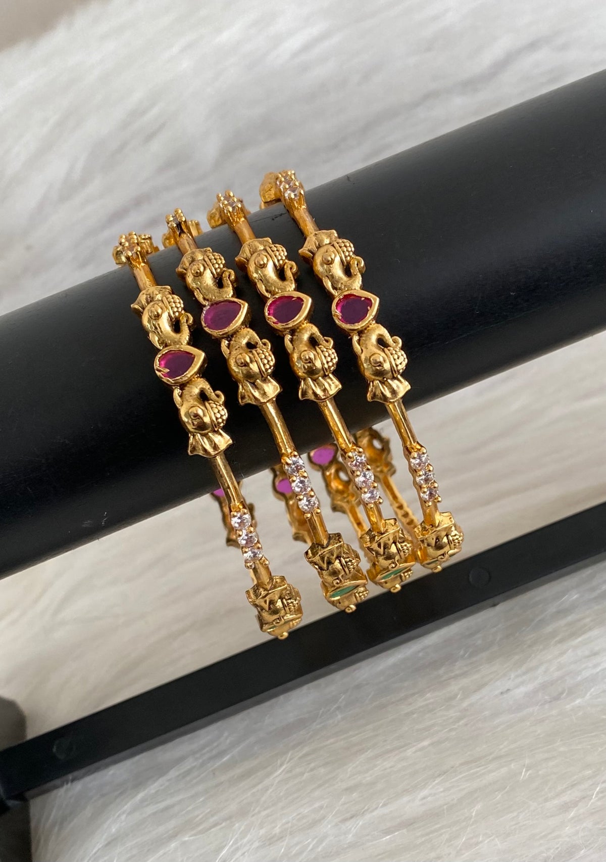 Antique gold tone ruby-green-white stone elephant set of 4 bangles (2.10) dj-55174