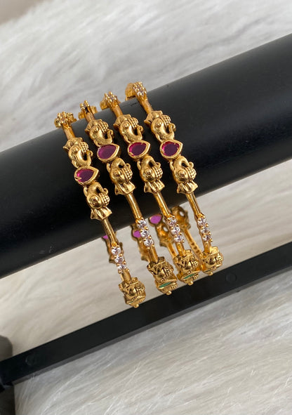 Antique gold tone ruby-green-white stone elephant set of 4 bangles (2.10) dj-55174