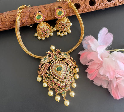 Matte finish cz ruby-green peacock necklace set dj-51227