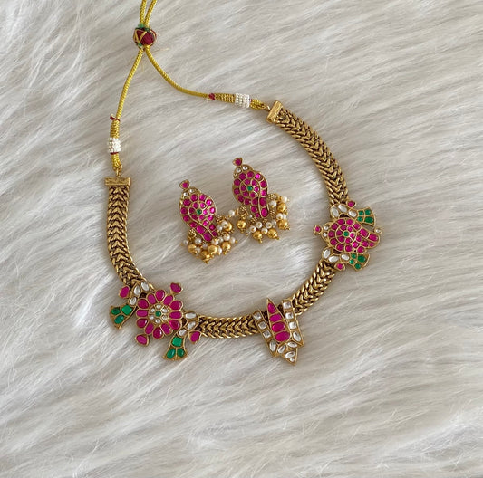 Antique gold tone jadau shri thirumal nama-shanku-chakra necklace set dj-54511