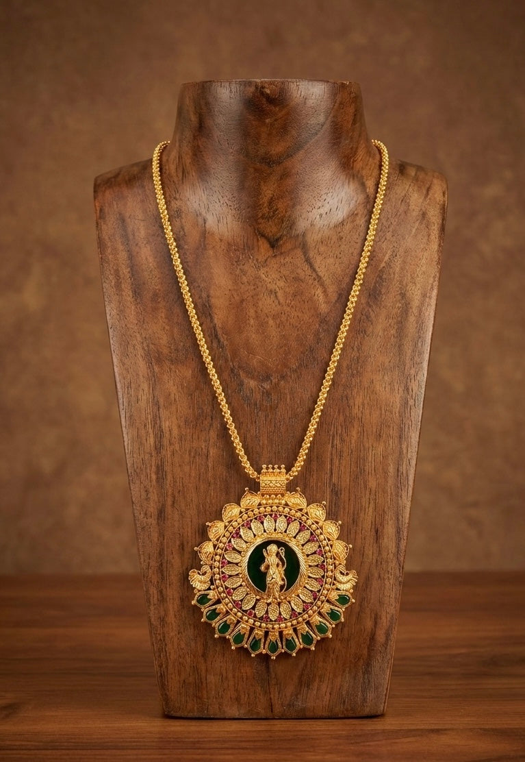 Gold tone pink green Shri Ram nagapadam big pendant with 24 inches chain dj-51689