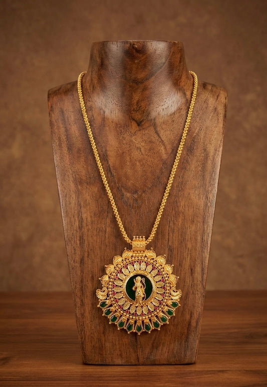 Gold tone pink green Shri Ram nagapadam big pendant with 24 inches chain dj-51689