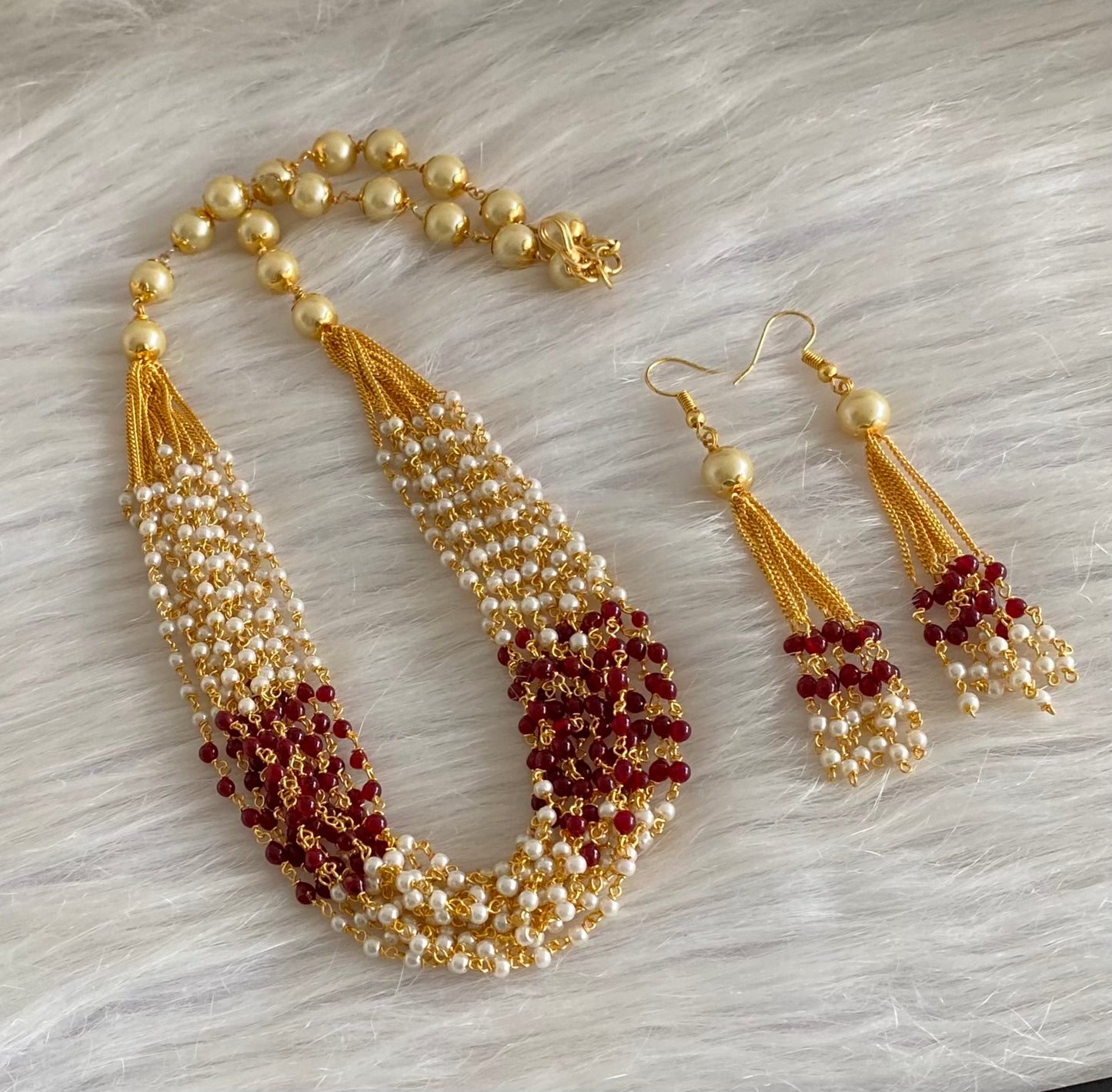 Gold tone maroon beaded pearl multilayer necklace set dj-54213