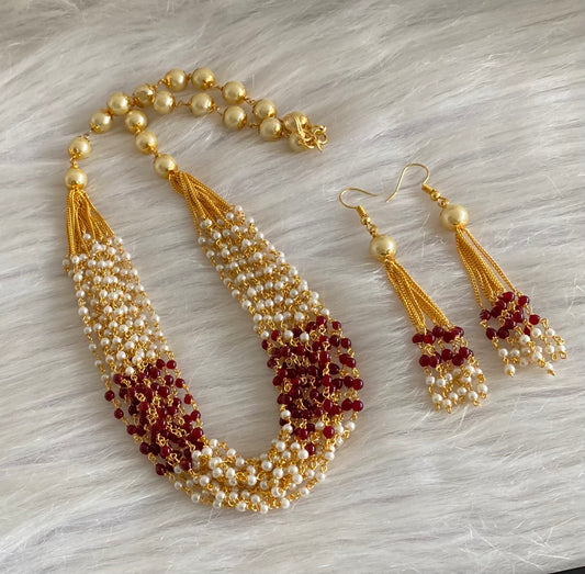 Gold tone maroon beaded pearl multilayer necklace set dj-54213