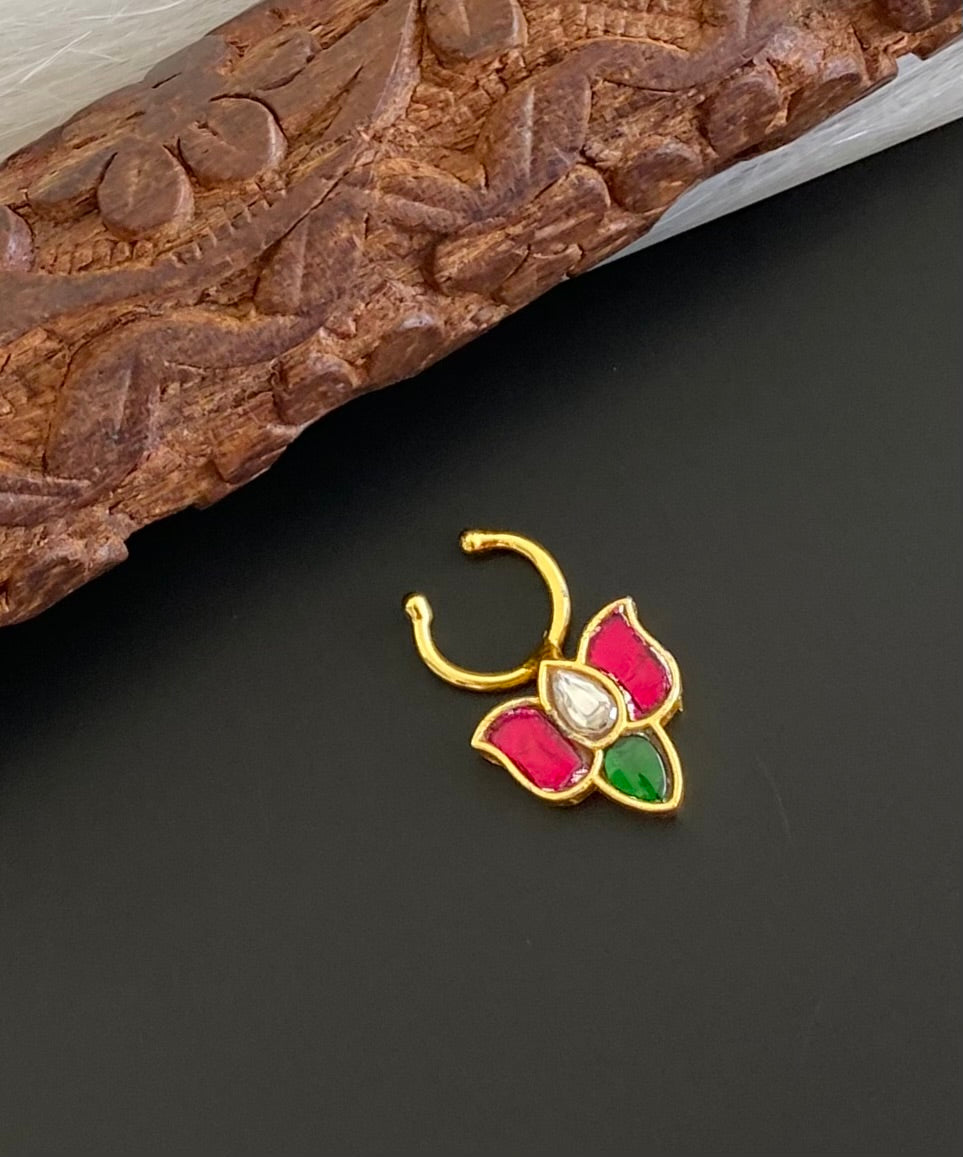 Gold tone kundan jadau pink-green-white stone lotus nose pin/bulakku dj-53735
