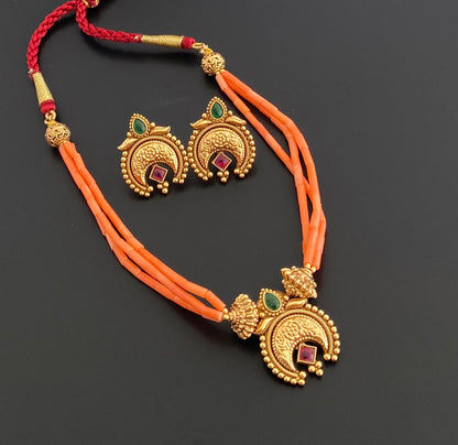 Antique gold tone coral nakshi beaded moon necklace set dj-54965