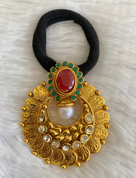 Antique gold tone lakshmi coin ruby-green hair band dj-52941