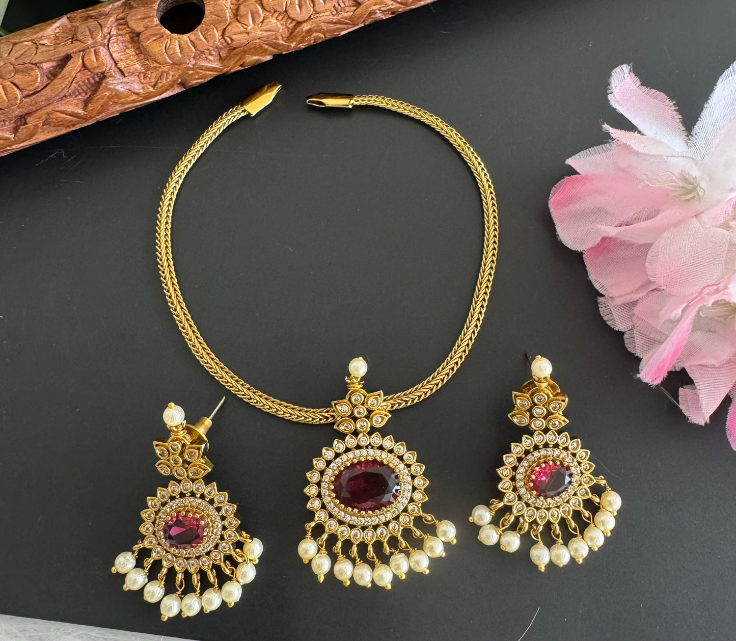 Antique gold tone cz magenta pink oval stone necklace set dj-51207