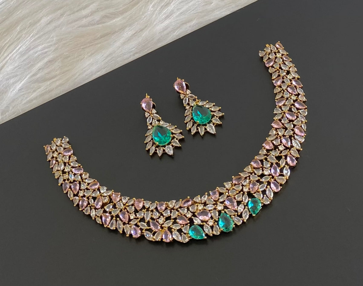 Antique gold tone white baby pink peacock green stone necklace set dj-54811