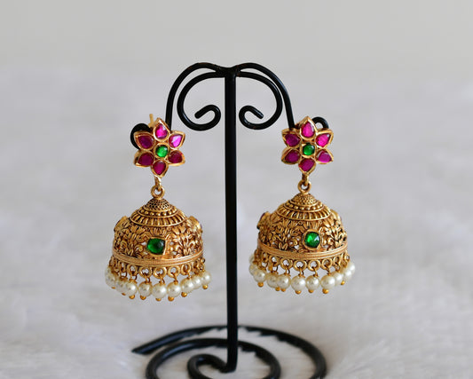 Antique gold tone pink-green jadau kundan pearl flower jhumkka dj-52555