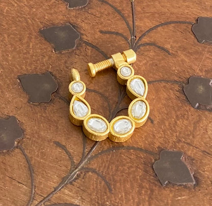 Gold tone kundan jadau white stone nose pin dj-53730